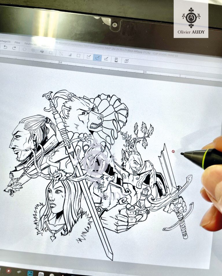 Projet de T-shirt sur tablette graphique, personnages de bande dessinées