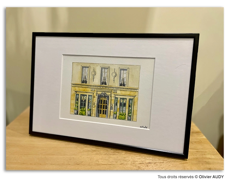 Aquarelle de la façade de l'Hôtel, rue des Beaux-Arts, 75006 Paris