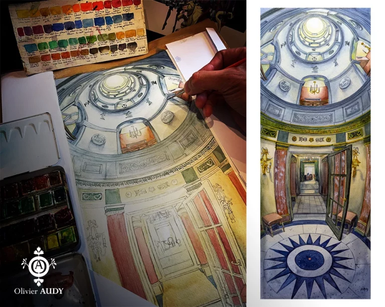 Aquarelle de la Rotonde de l'Hôtel, rue des Beaux-Arts, Paris